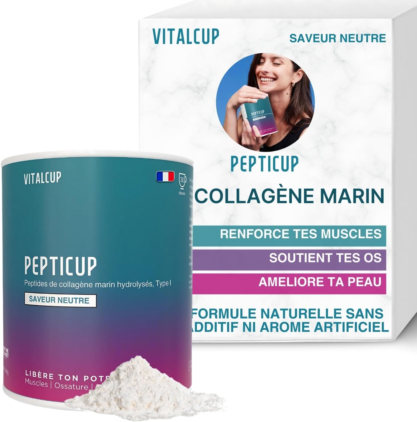 Collagène marin en poudre - complément alimentaire beauté peau os tendons et cheveux - 200g, 30 doses, 1 mois - Saveur neutre, sans additif - Made in France