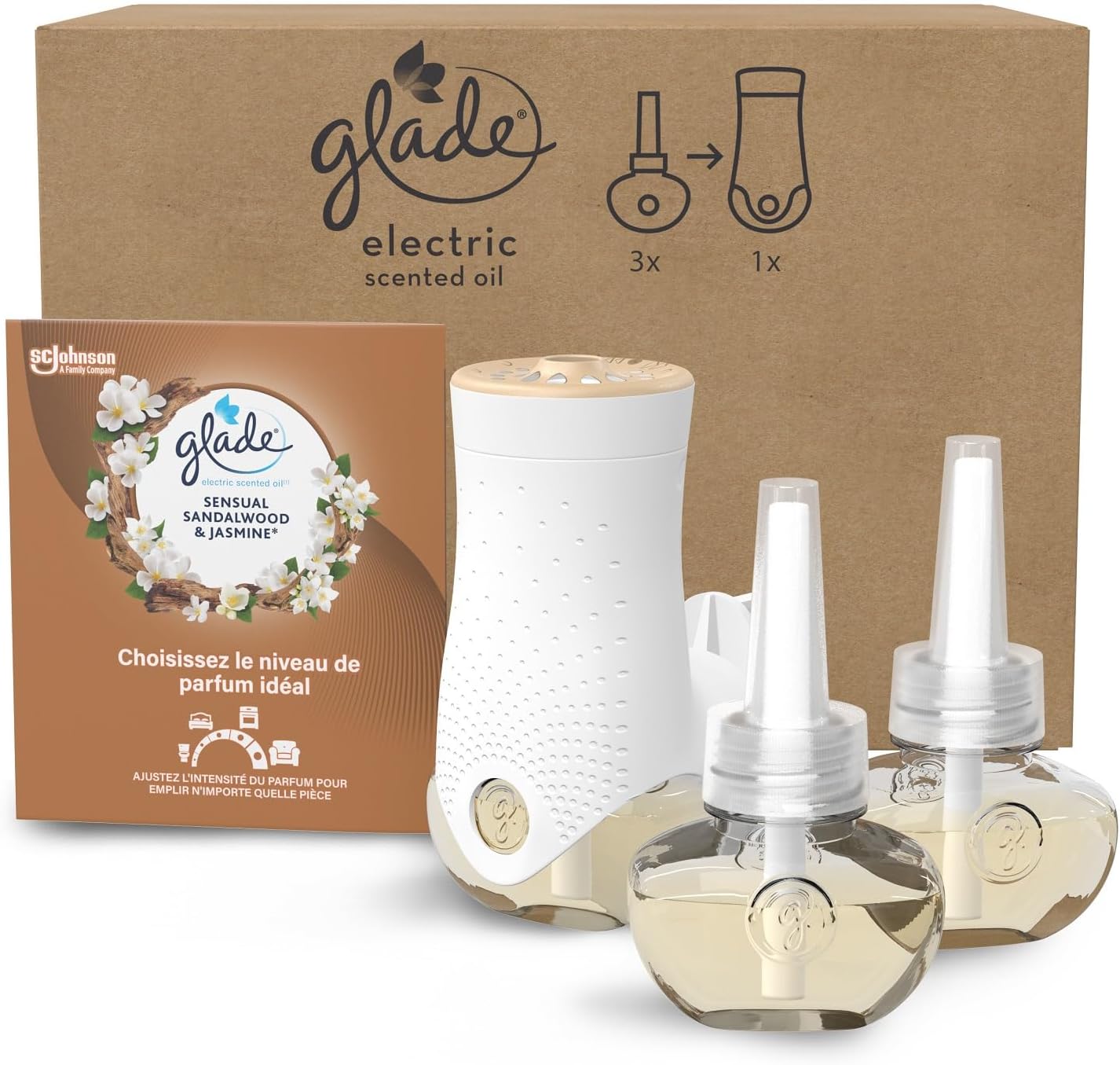 Electric Scented Oil Diffuseur Réglable - Infusé Aux Huiles Essentielles - Jusqu'à 120 Jours De Parfum - Sensual Sandalwood & Jasmine - 1 Diffuseur + 3 Recharges 1 Diffuseur - 3 Recharges Sensual Sandalwood & Jasmine