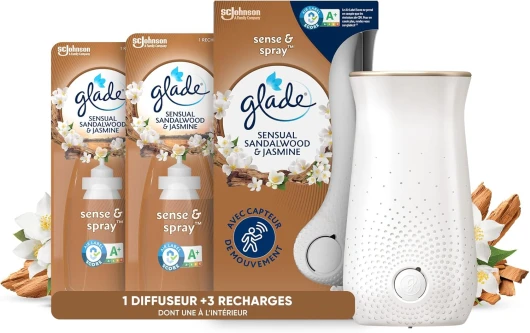 Sense & Spray Diffuseur à Détection de Mouvement - Infusé Aux Huiles Essentielles - Jusqu'à 2 Mois de Parfum - Sensual Sandalwood & Jasmine - 1 Diffuseur + 3 Recharges 1 Diffuseur plus 3 Recharges