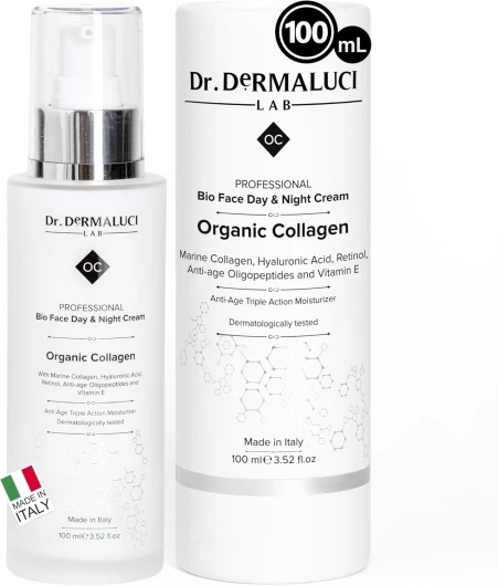 Creme Hydratante Visage Collagene et Acide Hyaluronique BIO 100ml, Rétinol, Vitamine C+E, Oligopeptides, Aloe Vera, Huile de Jojoba - Anti Rides Femme/Homme - Anti-Âge/Naturel - Jour/Nuit - Italie