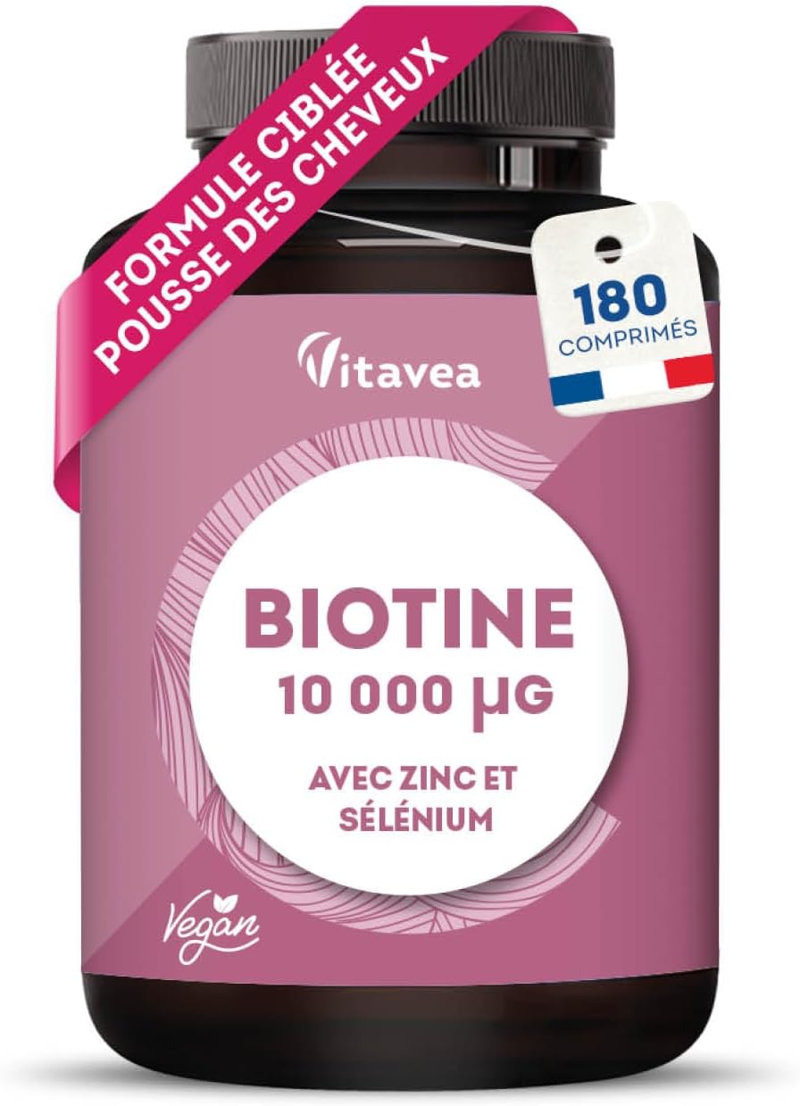 Biotine 10 000µg avec Sélénium & Zinc - Accélère la Pousse des Cheveux & des Ongles - Dosage élevé - Avec Vitamine B8-180 comprimés - Fabriqué en France - Vitavea