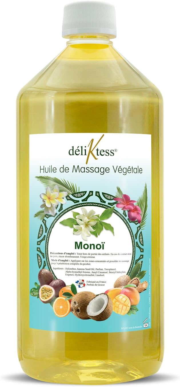 ® - Huile de massage végétale - 19 parfums au choix- 200ml ou 1 litre - Naturelle et fabriquée en France - pour modelage professionnel (Monoï) Monoï 1 l (Lot de 1)