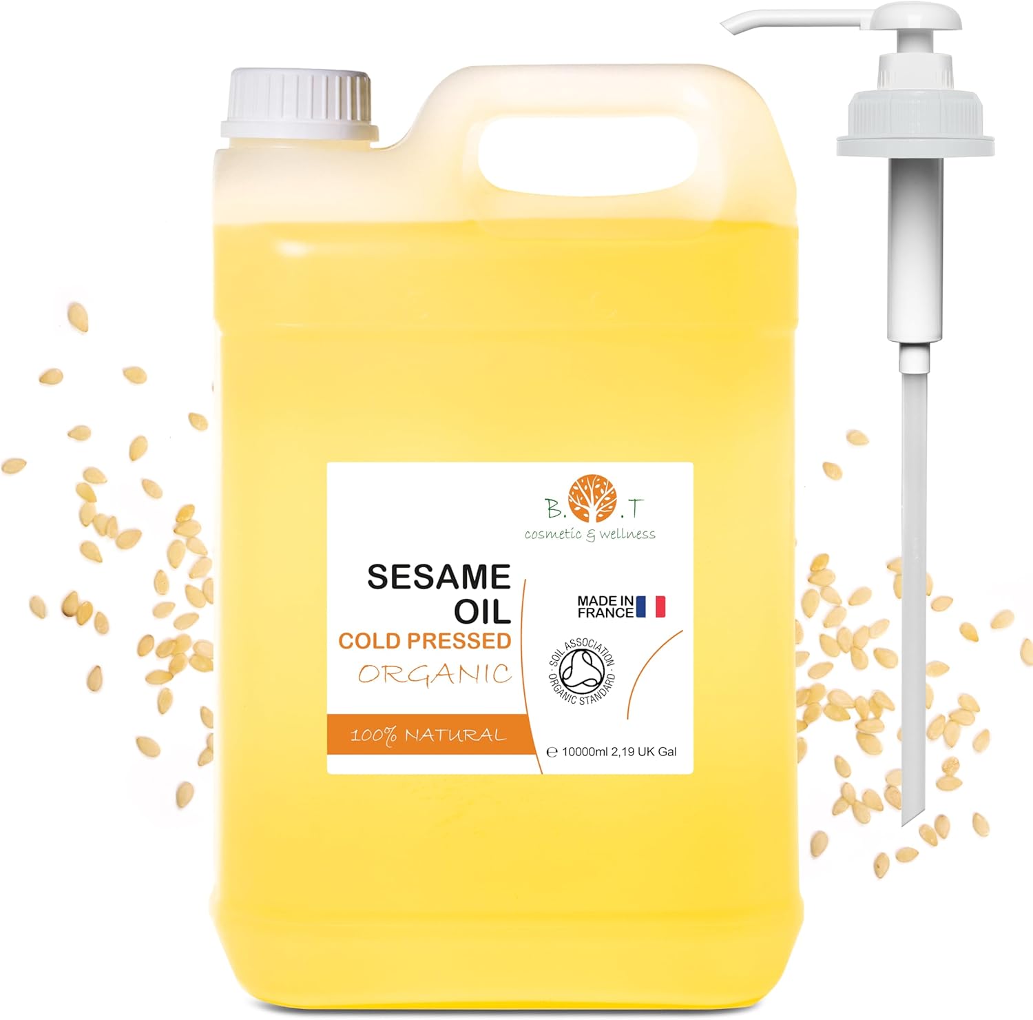 B.O.T Cosmetic & Wellness - Huile de Sésame Biologique 100% Naturelle - Huile Multi-Usage - Hydratant & Raffermissant pour Peau et Cheveux - Huile de Massage Ayurveda, Transparent, 10 L Sans parfum 10 l (Lot de 1)