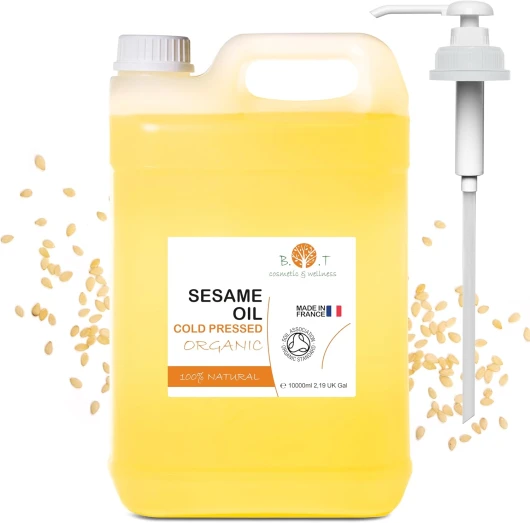 B.O.T Cosmetic & Wellness - Huile de Sésame Biologique 100% Naturelle - Huile Multi-Usage - Hydratant & Raffermissant pour Peau et Cheveux - Huile de Massage Ayurveda, Transparent, 10 L Sans parfum 10 l (Lot de 1)