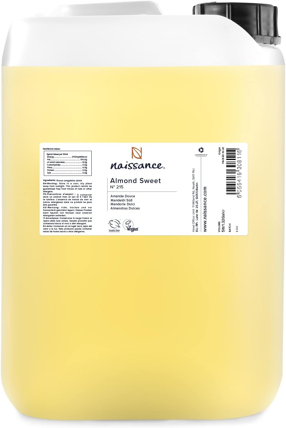 Huile d’Amande Douce (No - 215) - 5 litres - Hydratant Naturelle, Végan, Sans OGM/Odeur - Lubrifiant pour Massage - Pour Corps, Visage, Cheveux, Ongle, Pied, Oreille Inodore 5 l (Lot de 1)
