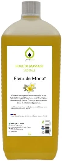 Huile de massage végétale parfumée FLEUR DE MONOÏ, 1 Litre, Purespa By Purenail, Livraison Gratuite en France