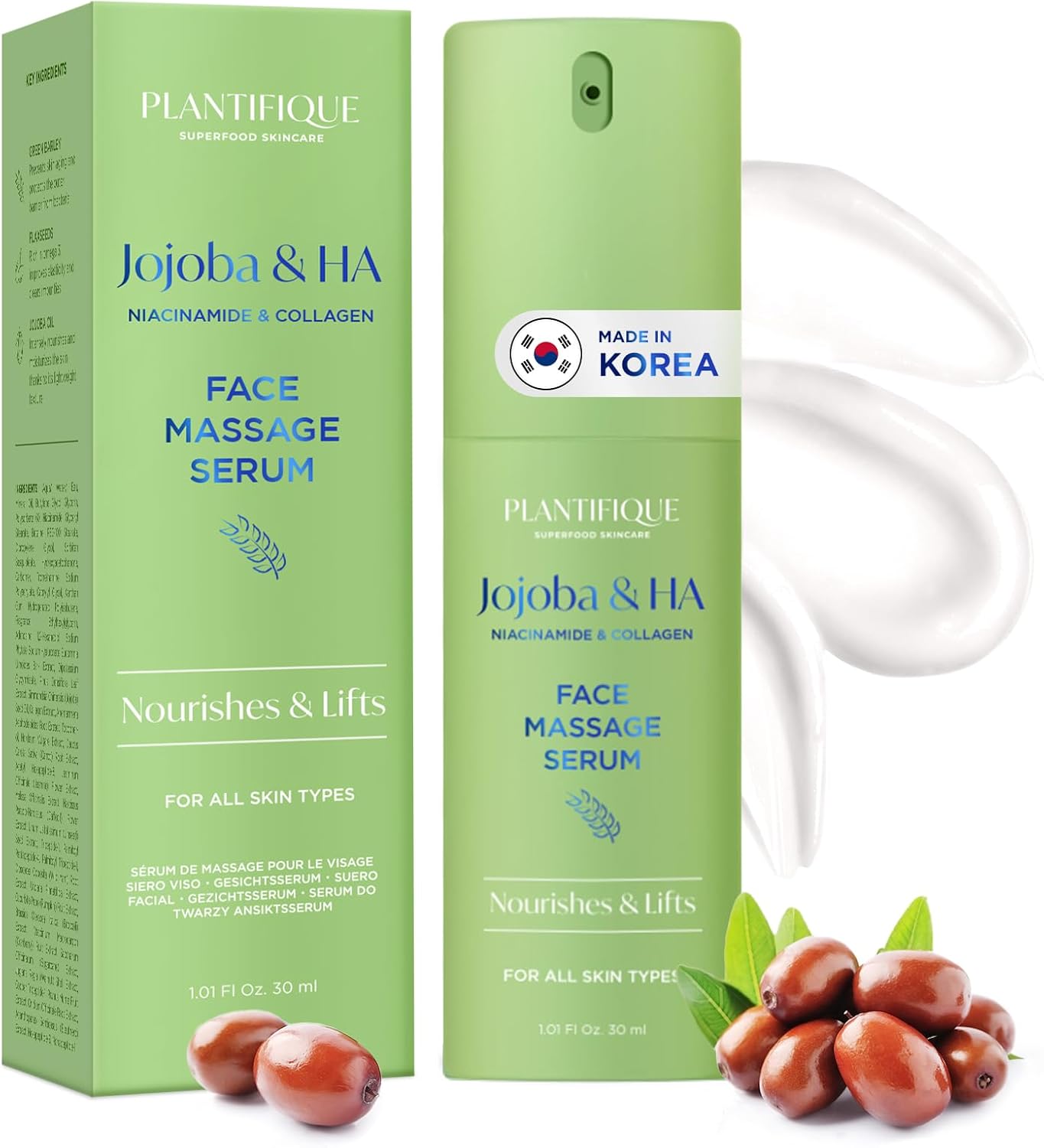 Serum Visage Jojoba Bio Oil - Gua Sha Huile Massage Hydratant et Anti Rides Puissant - Collagène Niacinamide Acide Hyaluronique - Soin Femme et Homme - Routine Skincare Coreen - 30 ml Sérum Jojoba