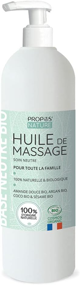 Huile de massage neutre Bio - 4 huiles végétales Bio - Amande douce, Abricot, Coco & Sésame - 100% naturelle - Fabriqué en France - 500ml - PROPOS'NATURE 500 ML