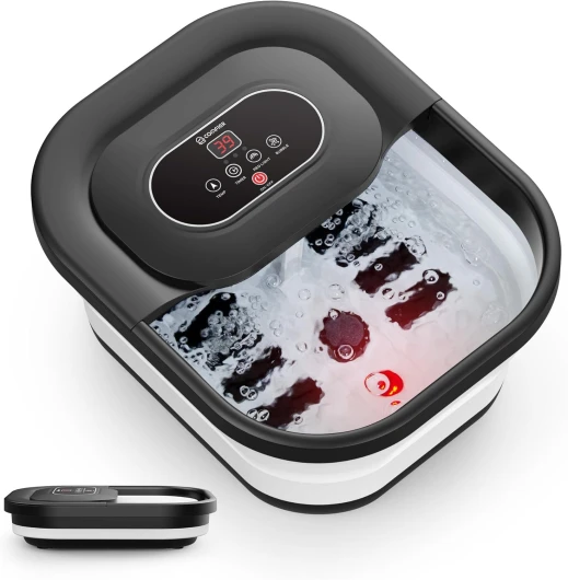 COMFIER Bain de pieds chauffant de massage-Masseur de pieds pliable-Fonction de vibration et de bulles-Pierre ponce pour pieds-35℃-48℃-Avec 8 rouleaux Shiatsu (Noir)
