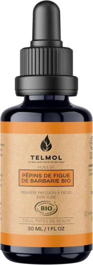 TELMOL Huile de Pépins de Figue de Barbarie Bio (30ml) — Flacon en verre violet biophotonique & Pipette — 100% Pure, Première Pression à Froid — Huile de Figue de Barbarie Bio Visage Anti-Âge 30 ml (Lot de 1)