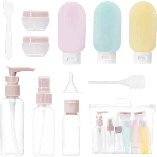 Carehabi Lot de 11 Flacon Voyage kit, Contenant de Voyage à Remplir 30/50/60/80ml, Flacons Pulvérisateurs Vides Transparents, Petite Boîte de Crème, Distributeur à Pompe Shampoing Accessoire Avion A:11pcs