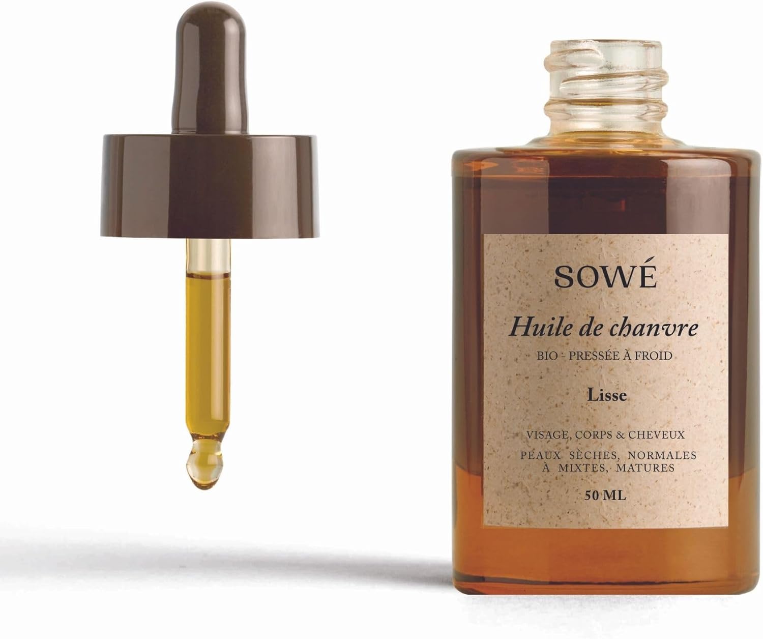 L'HUILE PURE DE CHANVRE - BIO, VIERGE ET PRESSÉE À FROID - 50ML - Apaise, Lisse et Revitalise - Tous types de peaux - Visage, corps et cheveux - Bouteille en Verre + Pipette