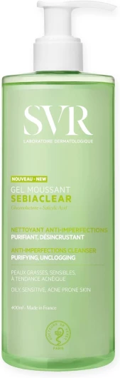 Sebiaclear Gel Moussant - Nettoyant purifiant anti-imperfections - Pour peaux mixtes à grasses, sensibles et à tendance acnéique - Gluconolactone4%, acide salicylique 0,5% - 400 ml 400 ml (Lot de 1)