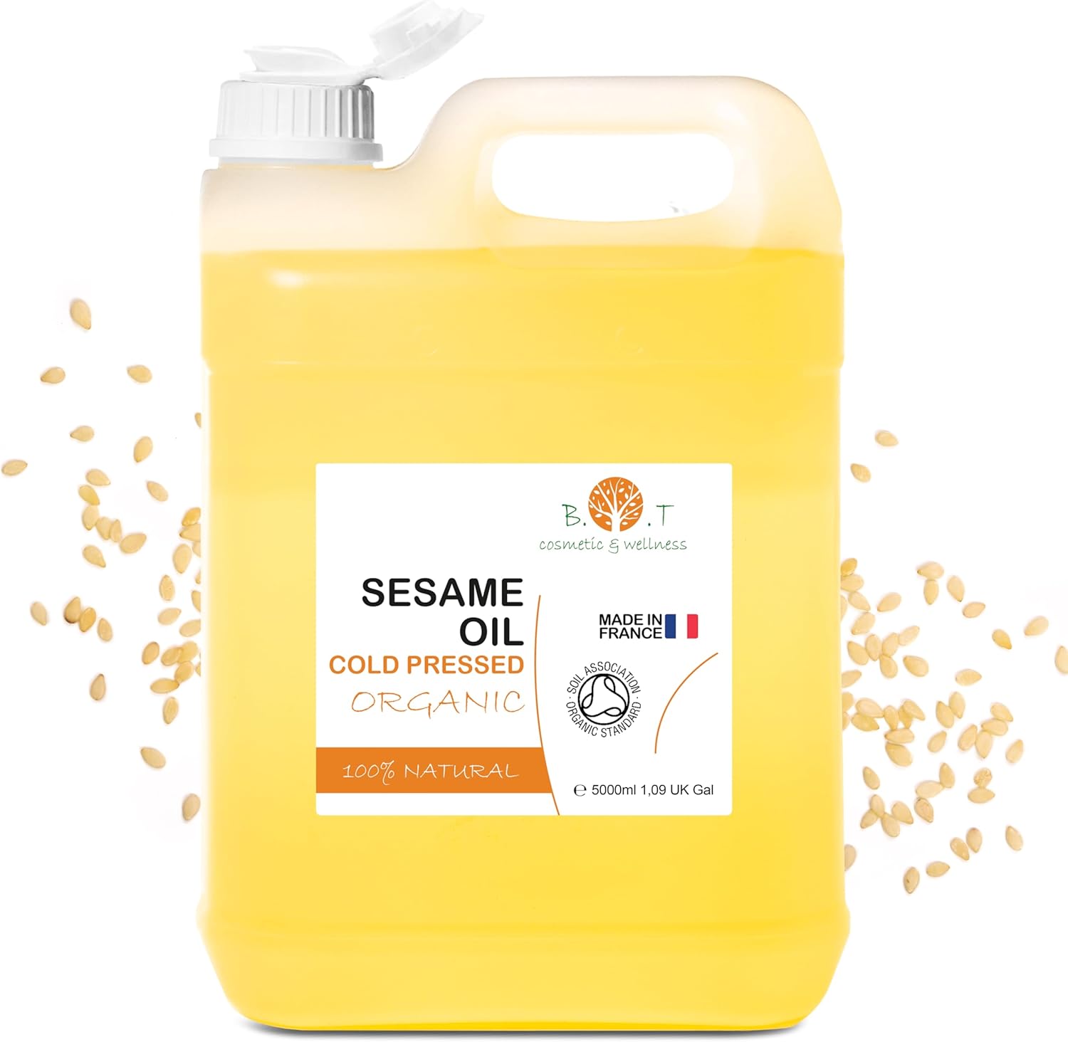 Huile de Sésame Bio 100% Pure, Pressée à Froid, Soin Peau & Cheveux, Massage Ayurveda, Antioxydant, Multi-Usage, Nourrit les cheveux et la Peau 5000 ml Sans parfum 5 l (Lot de 1)