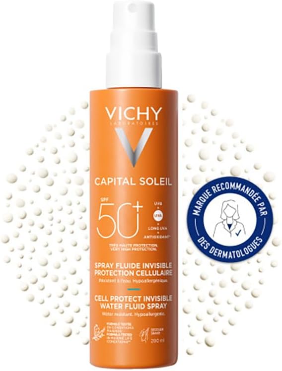 Vichy, Capital Soleil, Spray Fluide Invisible Protection Cellulaire, SPF50+, Enrichi en Acide Hyaluronique & Probiotiques, Pour Tous Types de Peau, 200 ml