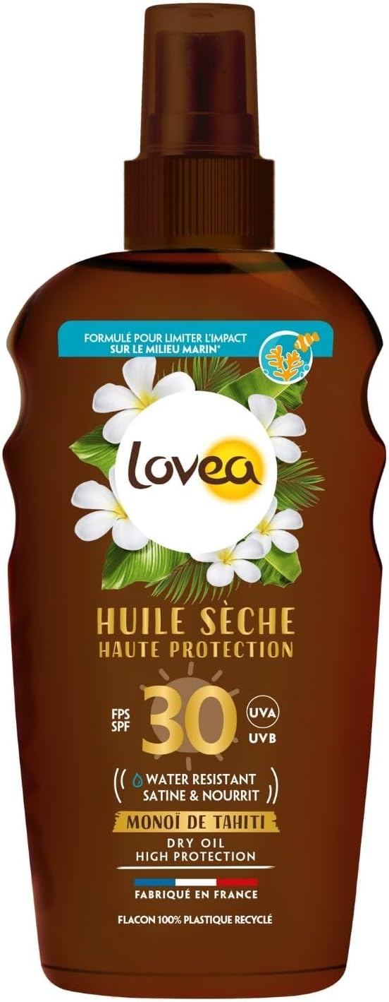 Huile Sèche FPS 30 - Haute Protection Solaire Corps - Monoï De Tahiti - Protection UVA/UVB - Nourrissant & Résistant À L'Eau - Vegan - Fabriqué En France - 150 ml 150 ml (Lot de 1) FPS 30