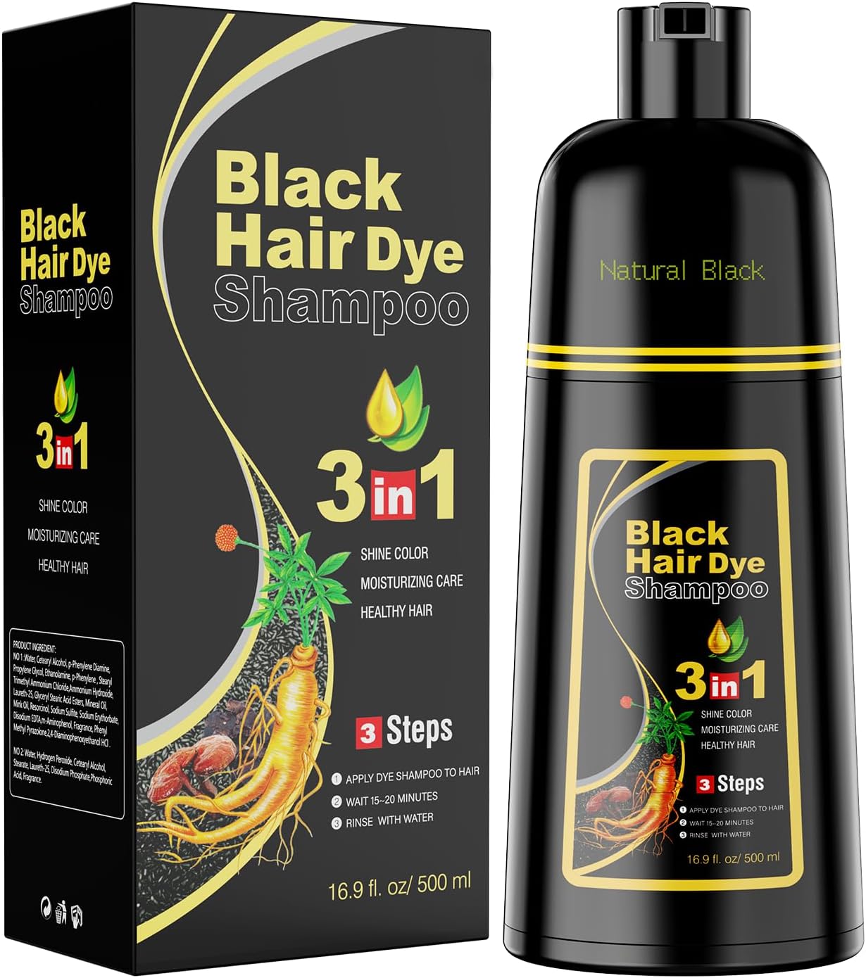 Shampoing Colorant Noir, Shampooing Teinture Instantanée pour Cheveux, Naturelle et Durable Hair Dye Shampooing 3 en 1,Shampoing Cheveux Colorés pour Hommes Femmes, 500 ML (Black)