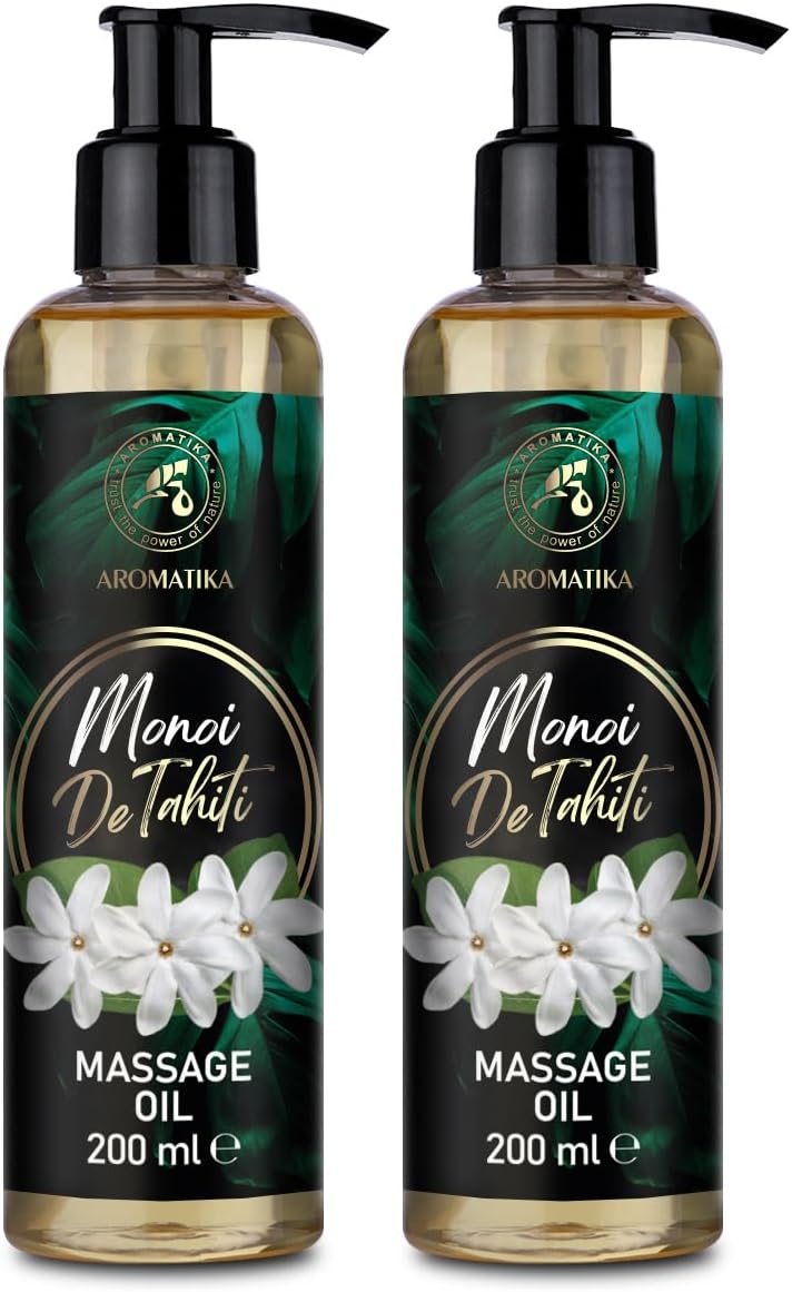 Huile de massage Monoï de Tahiti 2x200 ml - Huile corporelle à la Noix de Coco - Jojoba - Amande - Pépins de Raisin - Huiles des Noyaux de Pêche et Extrait de Gardenia Tahitensis - Huile de Massage 200 ml (Lot de 2)