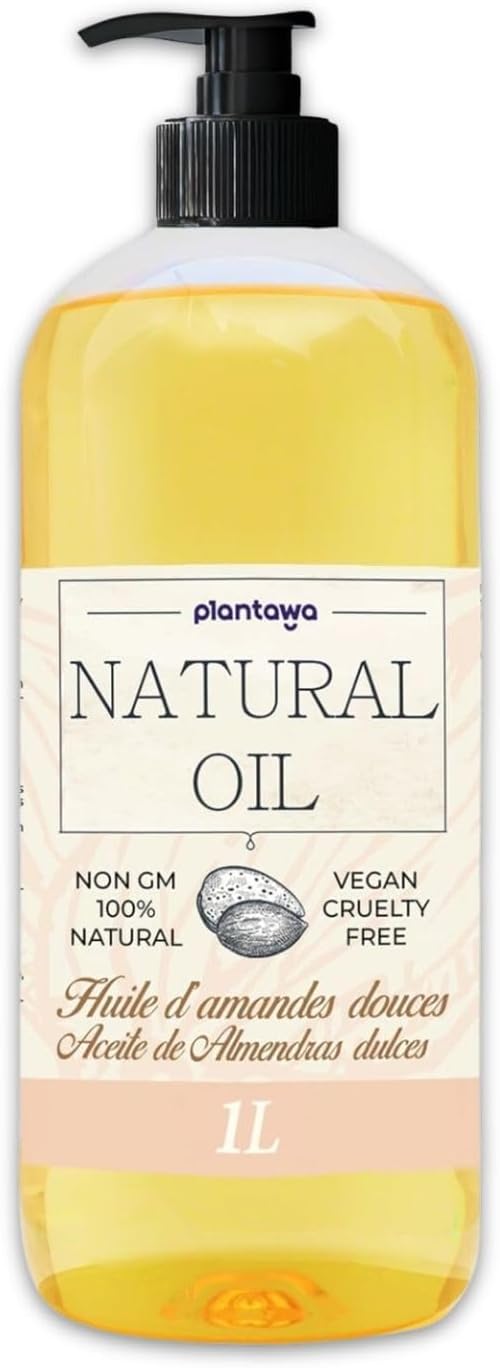 Huile d'amande douce 1 l avec DOSIFICATEUR végétalien, multiples utilisations, hydrate, visage,oreille,grossesse, cheveux, apport vitamine E, BIO Amande 1 l (Lot de 1)