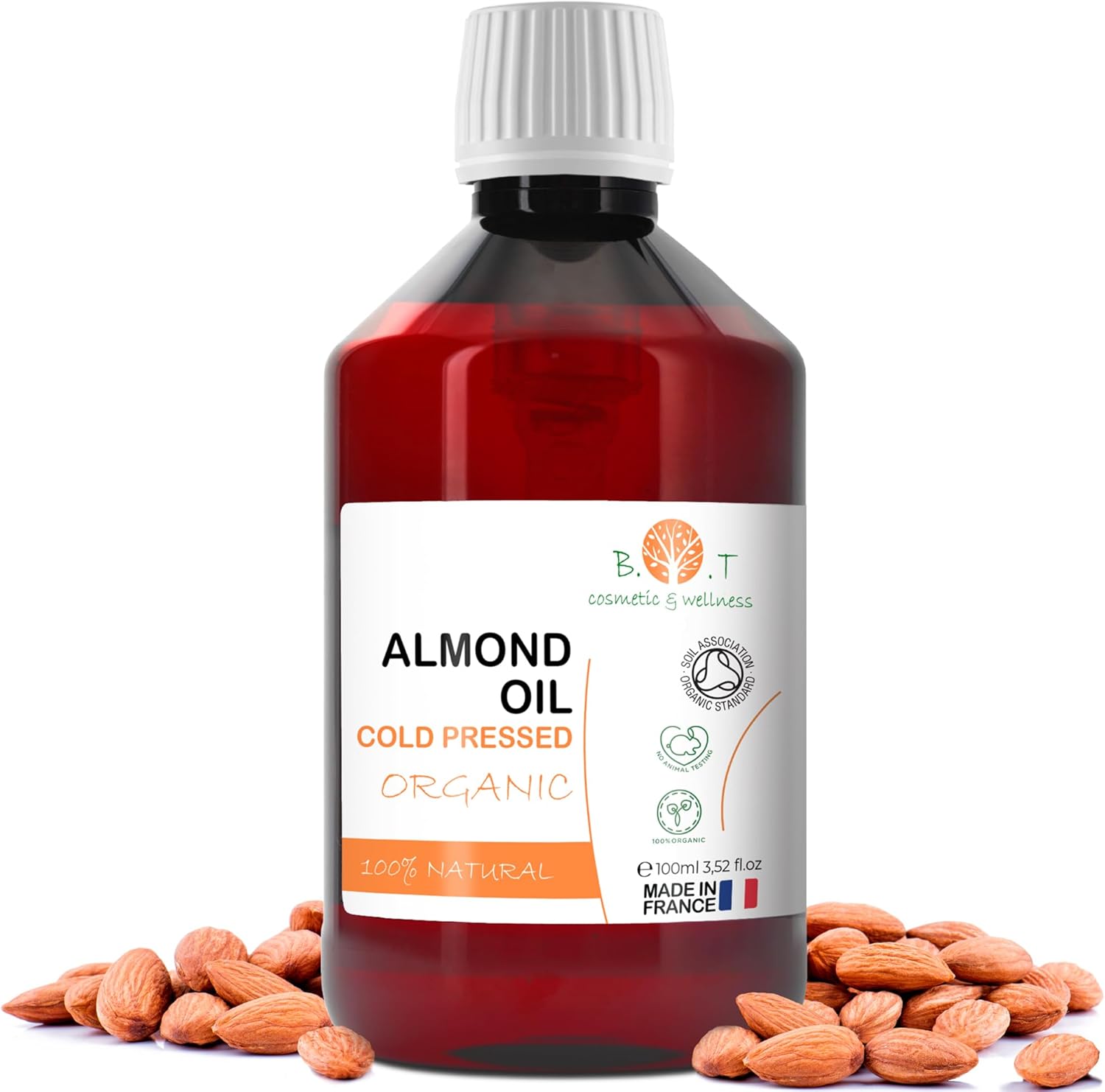 Huile Amande Douce Bio, Pressée à Froid, Pure - Huile de Massage Professionel, Huile pour Cheveux et Cils, Hydratant Corps(Mains, Ongles), Visage (Anti-âge), Vergetures Grossesse - 100 ml