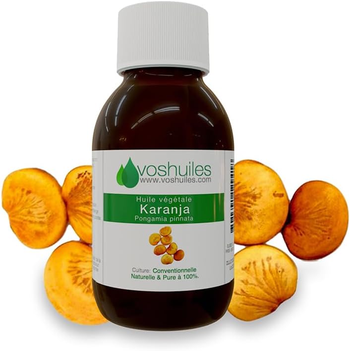 VOSHUILES - Huile Végétale de Karanja 100ml - Obtenue par Pression à Froid - Riche en Oméga 9 et en Flavonoïdes - Ingrédient de Mélange pour une Application Cutanée sur Peau Matûre Karanja 100 ml (Lot de 1)