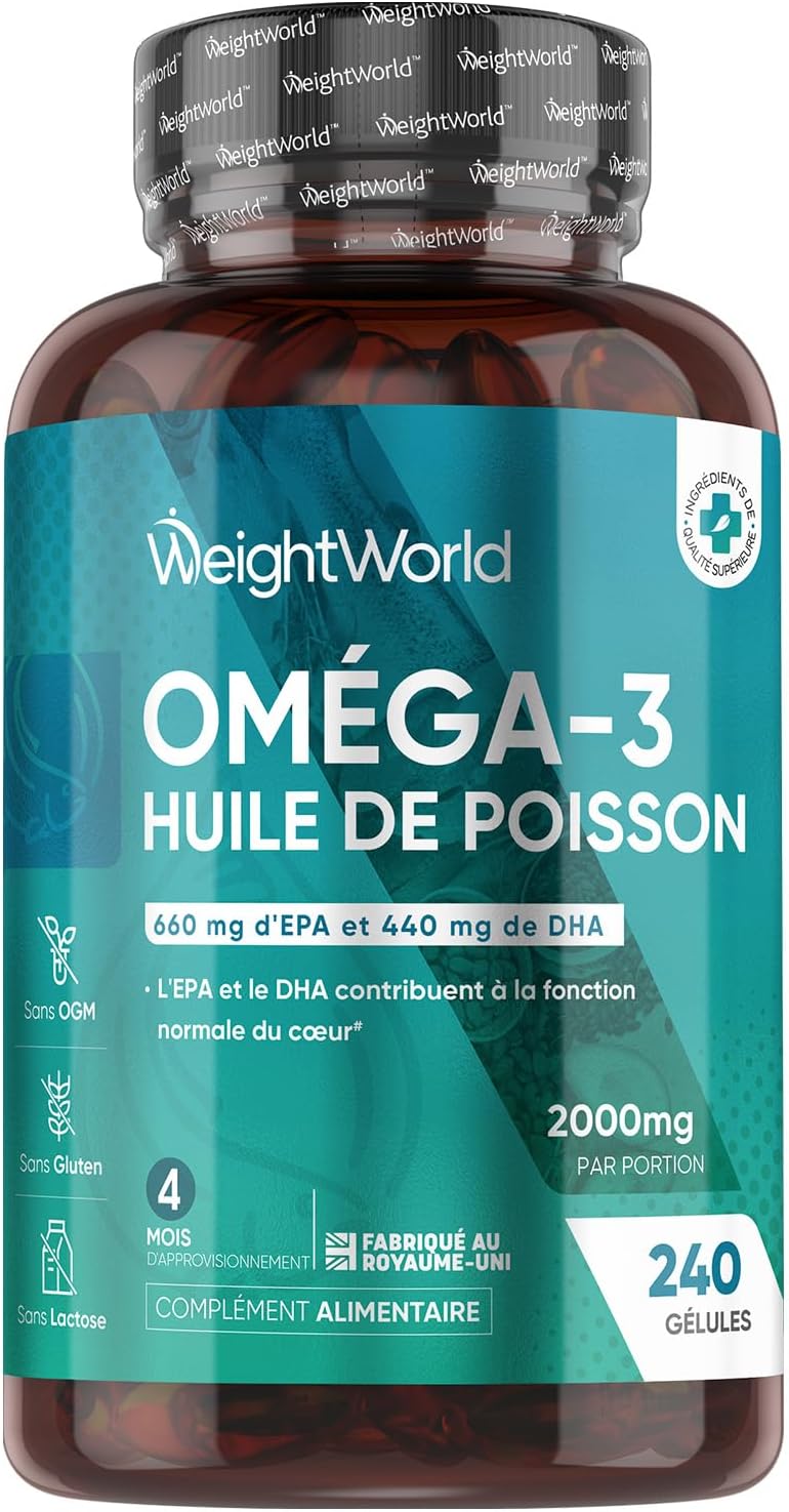 Oméga 3 Huile de Poisson Gélules 2000mg, 240 Gélules pour 4 Mois - avec EPA 660mg & DHA 440mg, Fish Oil Omega 3 sans Odeur, Selon l'EFSA, l'EPA et le DHA Contribuent au Fonctionnement Normal du Cœur
