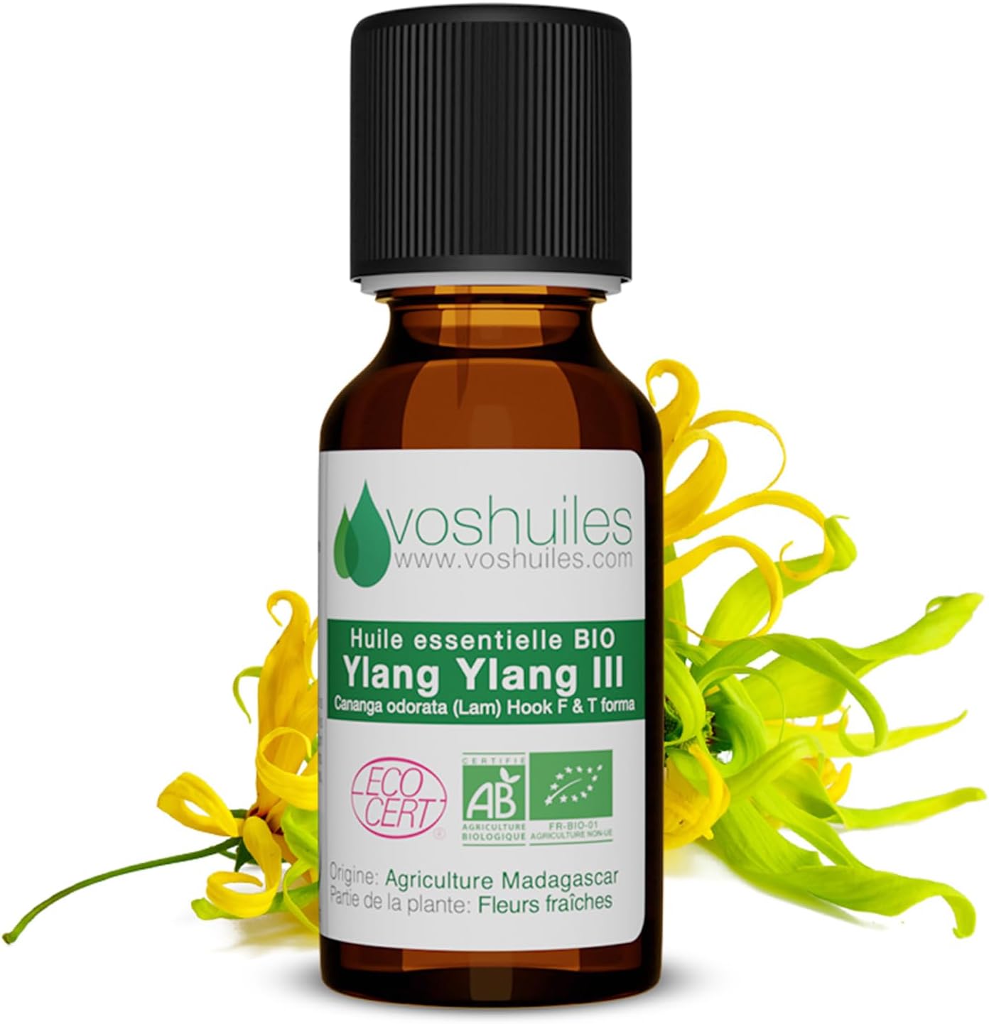 Huile Essentielle BIO d'Ylang Ylang III - 100% Pure et Naturelle - HEBBD et ECOCERT - Utilisation Alimentaire - Idéal pour Boissons et Desserts - Parfum Floral - 10 ml - VOSHUILES Ylang Ylang III BIO 10ml