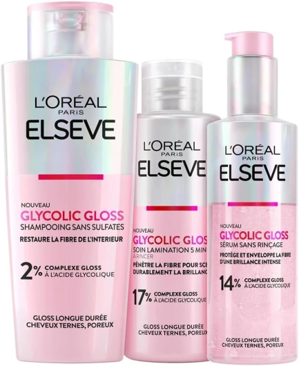 L'Oréal Paris - Routine Capillaire Protectrice pour Cheveux Ternes - Shampooing + Soin Lamination + Sérum Sans Rinçage - Acide Glycolique - Sans Sulfates - Elseve Glycolic Gloss - 3 Produits Coffret Shampooing + Soin Lamination + Sérum