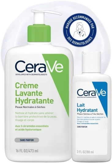 CeraVe - Routine Hydratante - Crème Lavante Hydratante 473 ml + Lait Hydratant 88 ml - Nettoie, Hydrate & Préserve la Barrière Cutanée - Soins aux 3 Céramides Essentiels - Peau Sèche à Très Sèche