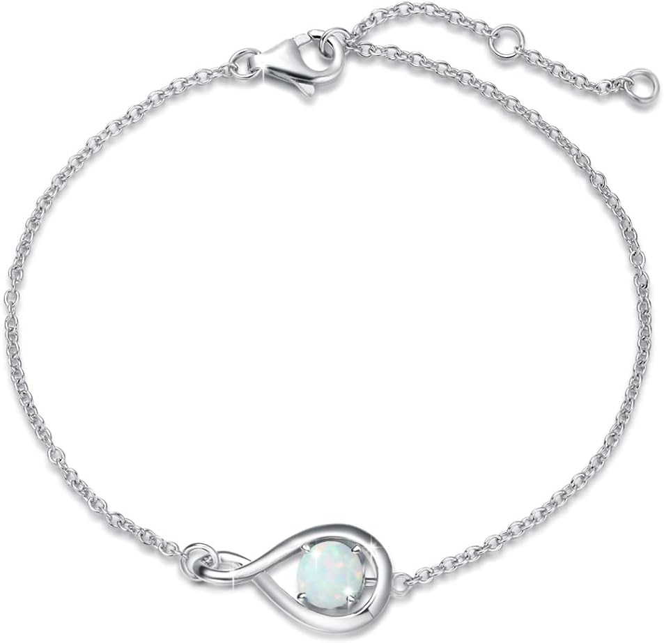 Bracelet avec pierre de naissance en argent sterling 925 avec pendentif infini délicat, bijou d'anniversaire pour femme, longueur de la chaîne 17 cm + extension de 3 cm or blanc-10-opale