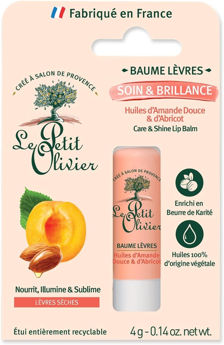 Baume Lèvres Soin & Brillance - Huile D'Amande Douce et Abricot - Nourrit, Illumine & Sublime - Lèvres Sèches - Huiles 100% Végétales & Beurre de Karité - Fabriqué en France - 4 g