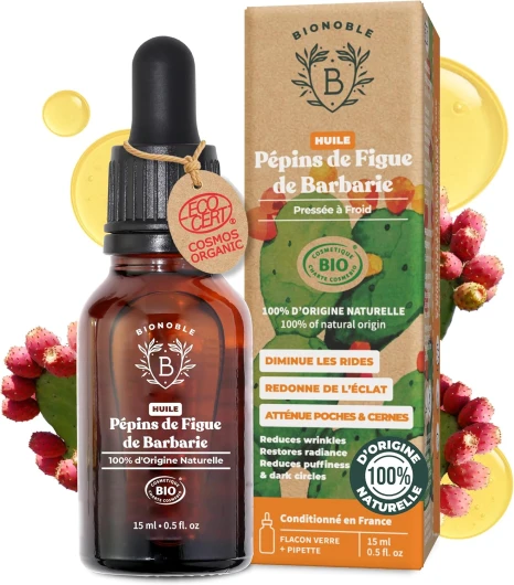 Huile de Pépins de Figue de Barbarie Bio 15ml + Pipette - Bouteille en Verre - Pure, Naturelle, Pressée à Froid - Huile de Figue de Barbarie Bio Visage Anti-Âge et Anti Cerne 15 ml (Lot de 1) Figue de Barbarie
