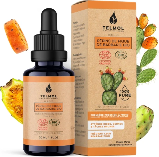 TELMOL Huile de Pépins de Figue de Barbarie Bio (30ml) — Flacon en verre violet biophotonique & Pipette — 100% Pure, Première Pression à Froid — Huile de Figue de Barbarie Bio Visage Anti-Âge 30 ml (Lot de 1)