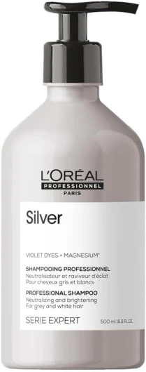 L'Oréal Professionnel, Shampoing Violet Déjaunissant & Raviveur d'Éclat, Cheveux Blancs ou Gris, Elimine les Reflets Jaunes et Cuivrés, Apporte Douceur & Brillance, Silver, 500 ml, Serie Expert