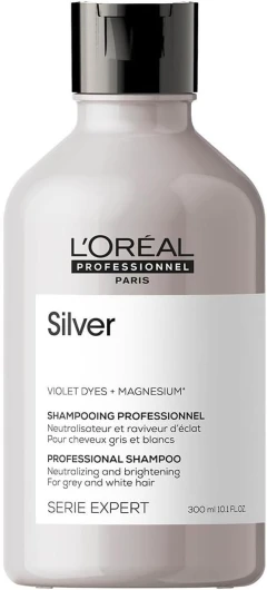 L'Oréal Professionnel, Shampoing Violet Déjaunissant & Raviveur d'Éclat, Cheveux Blancs ou Gris, Elimine les Reflets Jaunes et Cuivrés, Apporte Douceur & Brillance, Silver, Serie Expert Shampoing - 300 ml