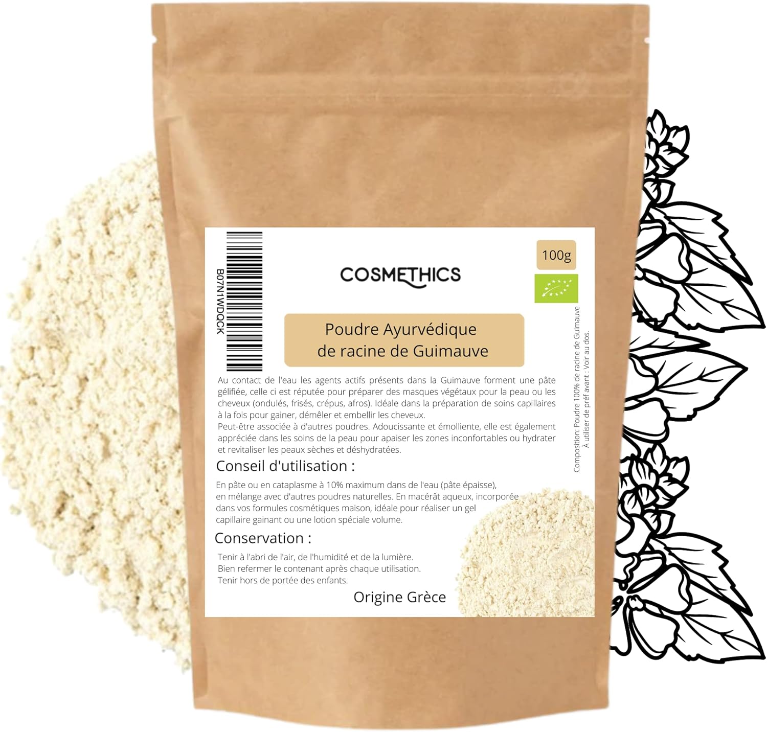 Poudre Ayurvédique de racines de Guimauve 100g Cosm'Ethics® 100% pure et naturelle, excellente qualité, poudre non irradiée, sachet refermable pour une conservation optimale
