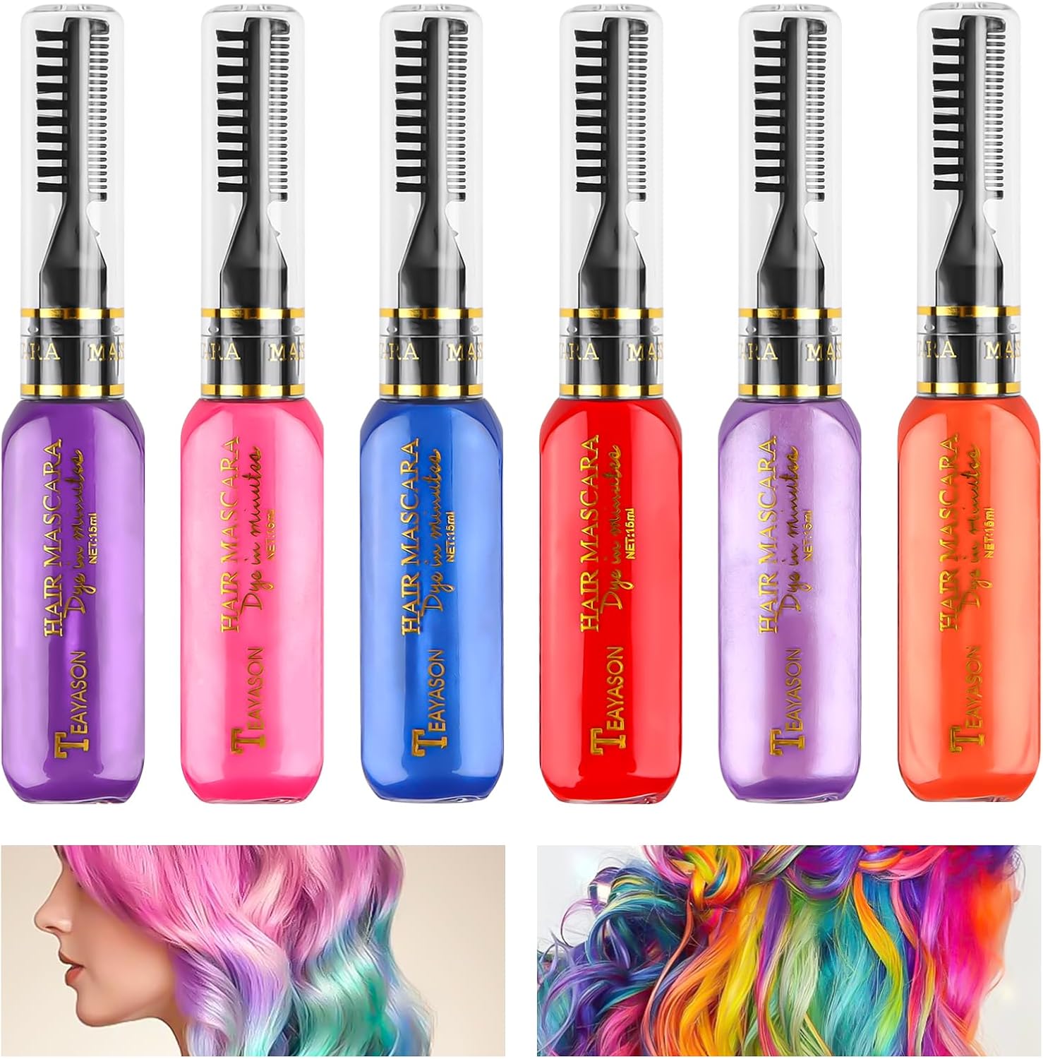 Lot de 6 colorations instantanées pour cheveux - Mascara temporaire - Pour filles et femmes - Lavable - Craie arc-en-ciel - Pour anniversaire, cosplay, bricolage