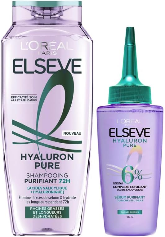 L'Oréal Paris - Routine de Soins Capillaires pour Cheveux Gras - Purifie les Racines - Hydrate les Longueurs - Acides Salicylique & Hyaluronique - Shampooing & Sérum Purifiant - Elseve Hyaluron Pure Routine Cheveux gras