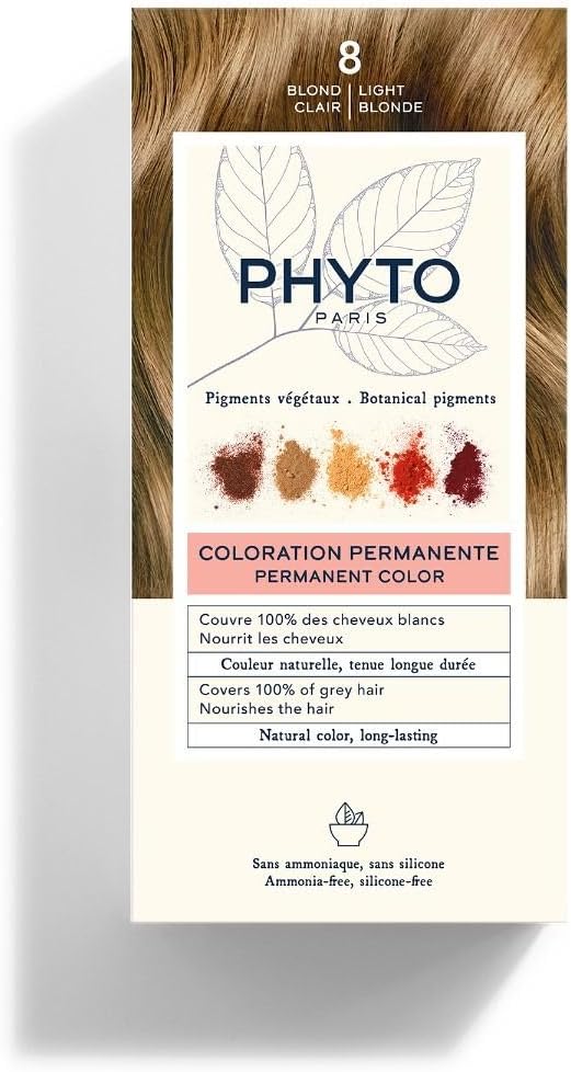 Phyto Paris - Coloration Cheveux Permanente 8 Blond Clair- Couleur Cheveux Blond Intense, Naturelle et Lumineuse - Coloration Sans Ammoniaque Enrichie en Pigments Végétaux - Kit Complet à Usage Unique 8 Blond Clair 112 ml (Lot de 1)