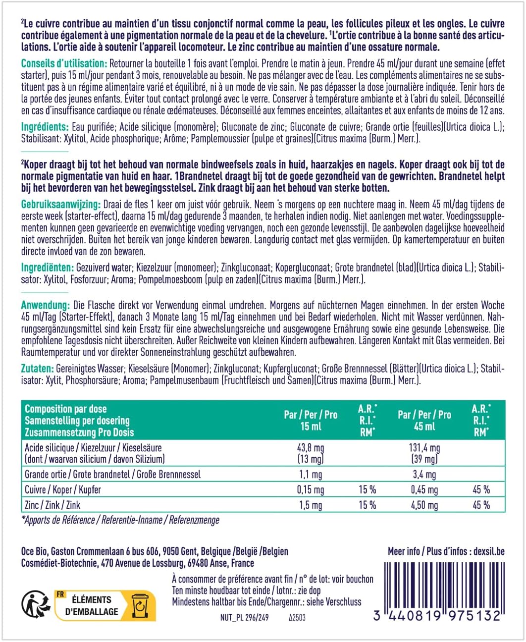 Original Silicium Organique Solution Buvable Complément Alimentaire à Base d'Ortie/Silicium pour Souplesse/Peau/Cheveux/Ongles, 1000 ml