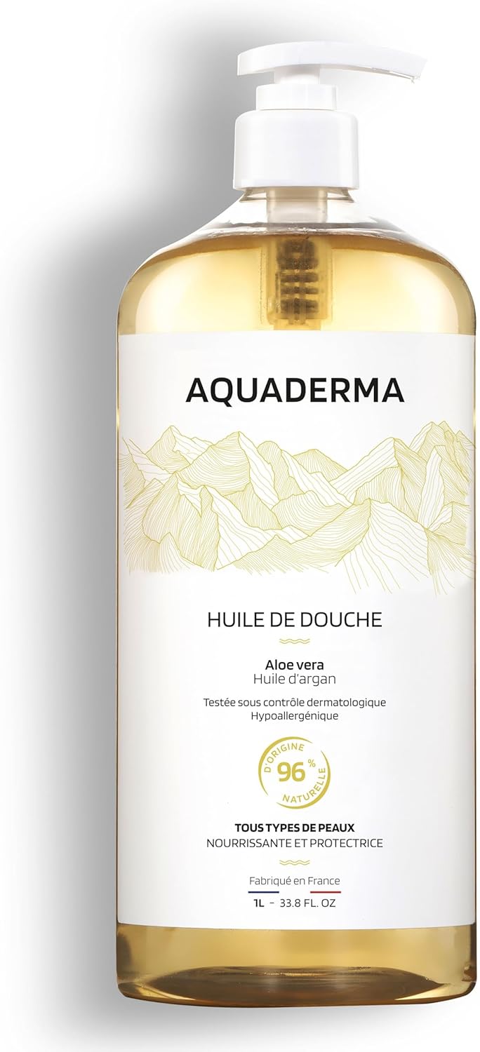 Huile Douche Aloe Vera & Huile d'Argan 1L - 96% Origine Naturelle & Made In France - Nourrit & Protège - Tous Types de Peaux, Visage & Corps - Hypoallergénique