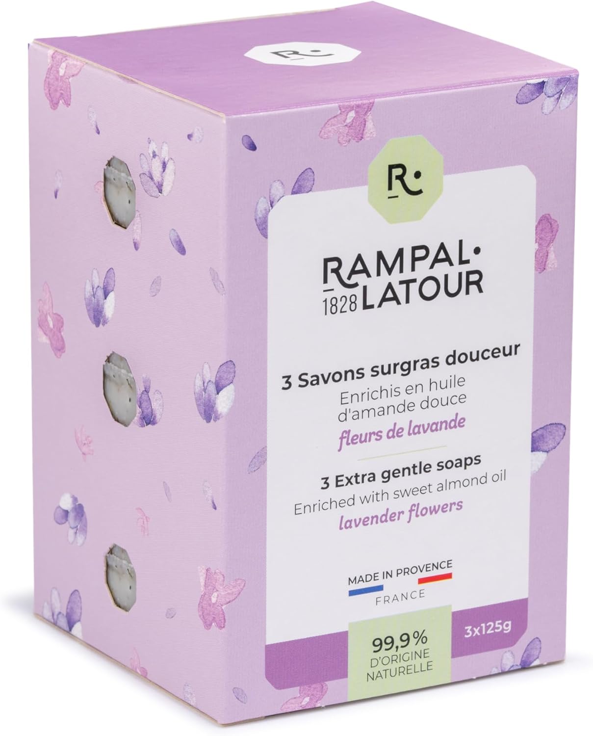 3 Savonnettes rondes surgrasses - Mains et Corps - Parfum Fleurs de Lavande - Soin Nettoyant, Exfoliant et Adoucissant - 99,9% d'origine naturelle - 3x125g