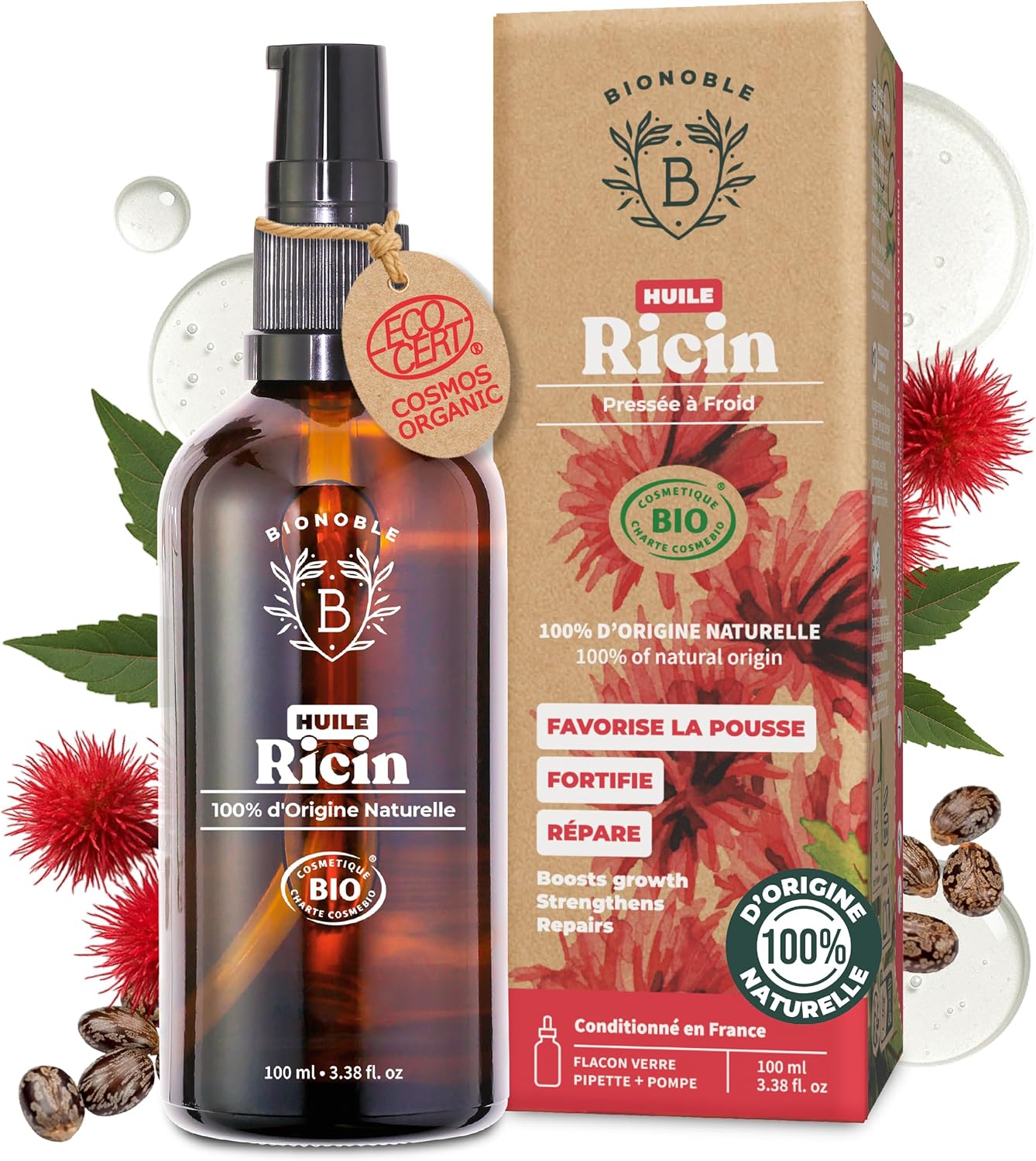 Huile de Ricin Bio 100ml - 100% Pure, Naturelle et Pressée à Froid - Cils, Sourcils, Corps, Cheveux, Barbe, Ongles - Vegan, Cruelty Free - Castor Oil - Bouteille en Verre + Pipette + Pompe 100 ml (Lot de 1) Ricin