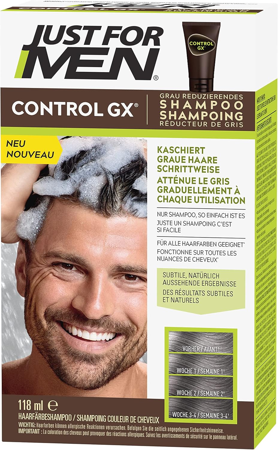 Control GX, Shampooing Et Colorante Pour Cheveux Blancs Pour Hommes, Avec De L'Huile De Noix De Coco Et De L'Aloe Vera, Pour Tous Les Nuances, 118 ml Unité