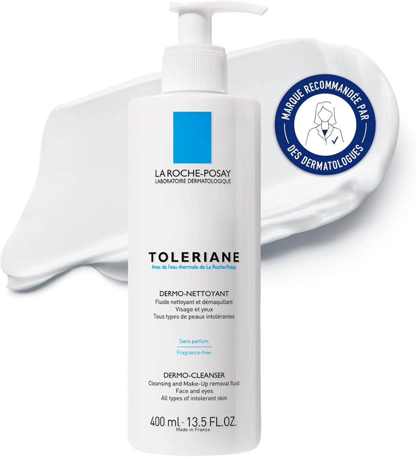 La Roche-Posay, Toleriane, Fluide Nettoyant et Démaquillant Adapté aux Peaux Sensibles et Intolérantes, Sans Parfum, Composition Hypoallergénique et Non Comédogène, 400ml