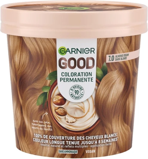 Coloration Permanente - Sans Ammoniaque - 90% d'Ingrédients d'Origine Naturelle et Formule Vegan - Beurre de Karité - 100% Couverture Cheveux Blancs - Blond Foncé Amande (7.0) - Good Blond Foncé Amande 7.0 160 g (Lot de 1)