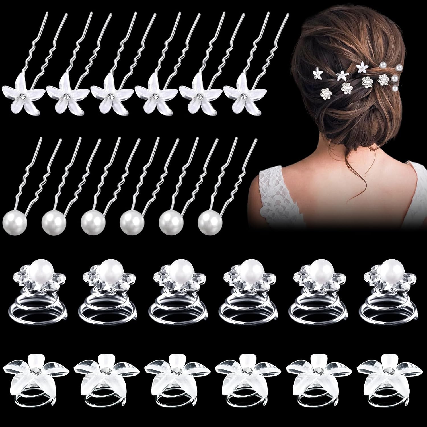 Epingle Cheveux Mariage Perle, 24 Pièces Pince à Cheveux Diamant en Forme de U et Cristal Spirale Pince à Cheveux pour Marriage Soirée Anniversair