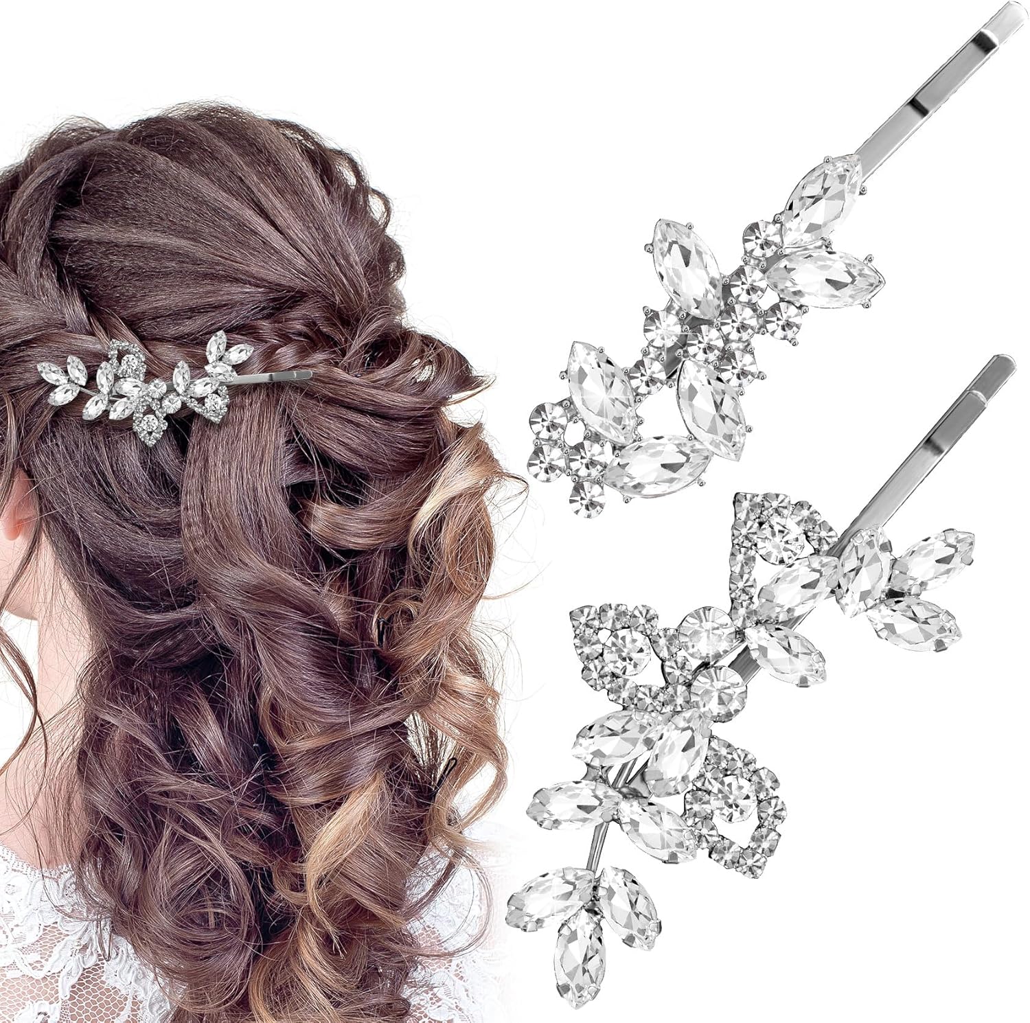 Joez Wonderful Lot de 4 pinces à cheveux avec strass et feuille de cristal, accessoires de cheveux de mariée, barrettes à cheveux pour femme, demoiselles d'honneur, mariée (argent, 2 styles) Argenté