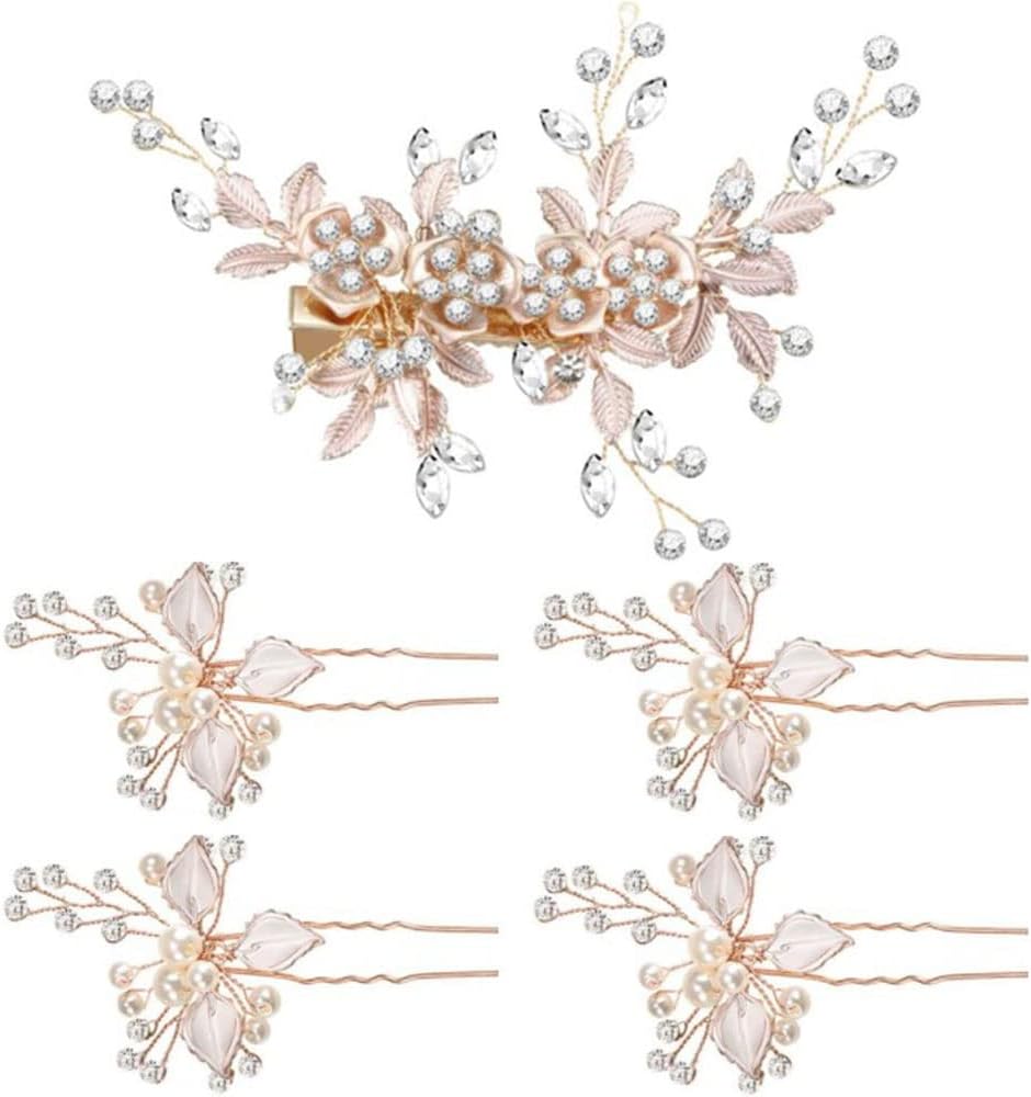 Zasvec Épingles à Cheveux de Mariée en Strass 5 Pièces Accessoires de Cheveux de Mariage Barrette de Mariage Or Rose Pinces à Cheveux de Mariée Broche Cheveux Mariage pour Mariée Femme