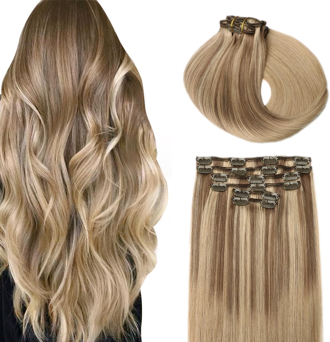 Extension a Clip Cheveux Naturel 6pcs/120g 18pouces/45cm Clip in Human Hair Extensions Vrai Blond Clair Fading to Ash Blonde Clip Extension Cheveux Humain #10/27/27(#10/27/27-18") 1.#10/27/27 18pouces/45cm